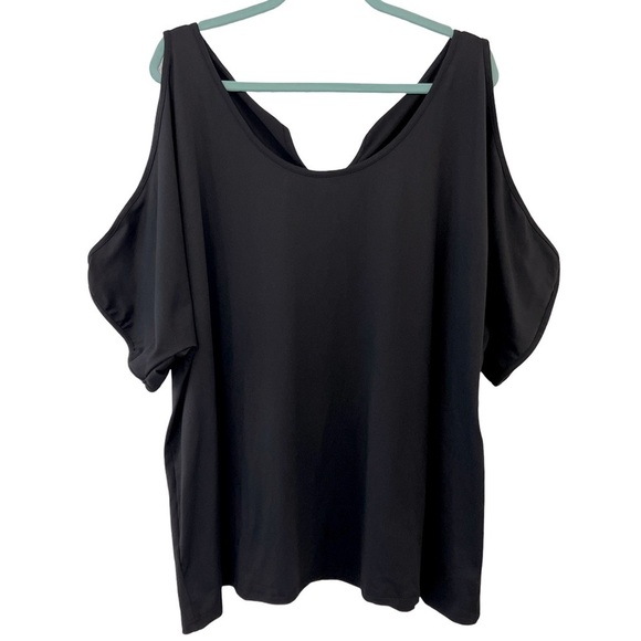 Women’s Plus Size Black Round Neck Cold Open Shoulder Short Sleeve T-Shirt Top - Picture 2 of 11